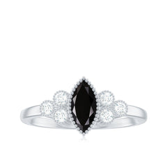 Natural Marquise Black Spinel Engagement Ring with Diamond Trio