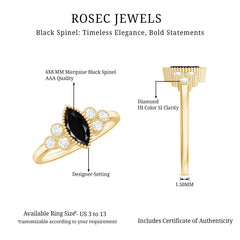 Natural Marquise Black Spinel Engagement Ring with Diamond Trio