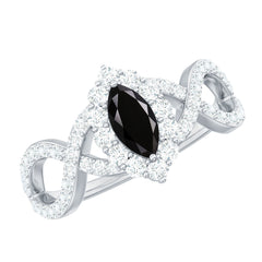 Natural Marquise Black Spinel Engagement Ring with Diamond Crossover Shank