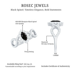 Natural Marquise Black Spinel Engagement Ring with Diamond Crossover Shank