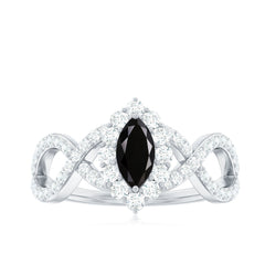4x8mm Marquise Cut Black Onyx Statement Engagement Ring with Diamond Halo