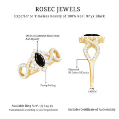 4x8mm Marquise Cut Black Onyx Statement Engagement Ring with Diamond Halo