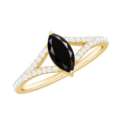 4X8mm Marquise Cut Black Onyx Minimal Engagement Ring with Diamond