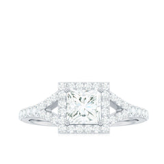 Princess Cut Moissanite Halo Engagement Ring with Split Band