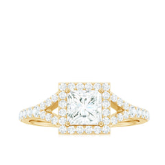 Princess Cut Moissanite Halo Engagement Ring with Split Band