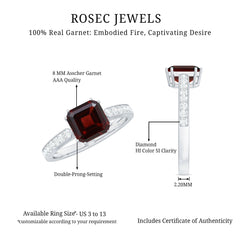 Natural Garnet 8 mm Asscher Cut Engagement Ring with Diamond