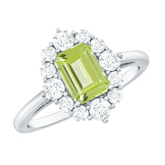 Natural 1.8 Carat Peridot Emerald Cut Engagement Ring with Halo
