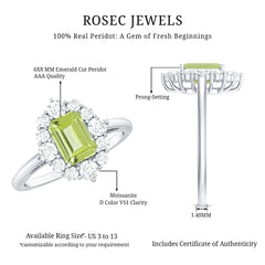 Natural 1.8 Carat Peridot Emerald Cut Engagement Ring with Halo