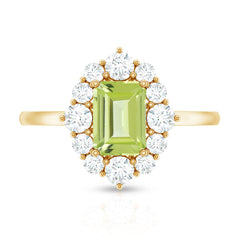Natural 1.8 Carat Peridot Emerald Cut Engagement Ring with Halo