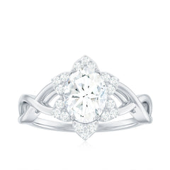 Certified Moissanite Flower Halo Engagement Ring with Criss Cross Band