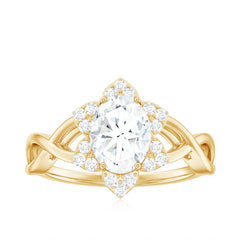 Certified Moissanite Flower Halo Engagement Ring with Criss Cross Band