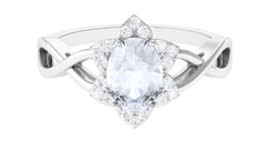 3/4 CT Oval Cut Solitaire Moonstone and Diamond Floral Halo Ring