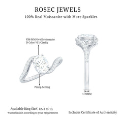 1 Carat Moissanite Oval Engagement Ring with Bypass Shank