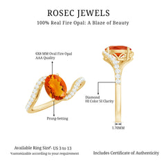 Oval Cut Solitaire Fire Opal and Diamond Bypass Ring