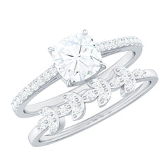 Claw Set Cushion Cut Moissanite Engagement Ring with Leaf Wedding Band