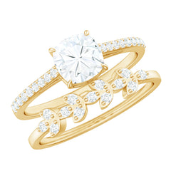 Claw Set Cushion Cut Moissanite Engagement Ring with Leaf Wedding Band