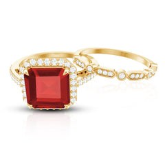 Lab Grown Ruby and Diamond Asscher Cut Engagement Ring With Enhancer