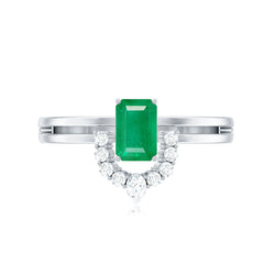Natural Emerald Cut Emerald Double Band Engagement Ring with Diamond