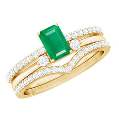 Natural Emerald Cut Emerald Diamond 3 Piece Bridal Ring Set
