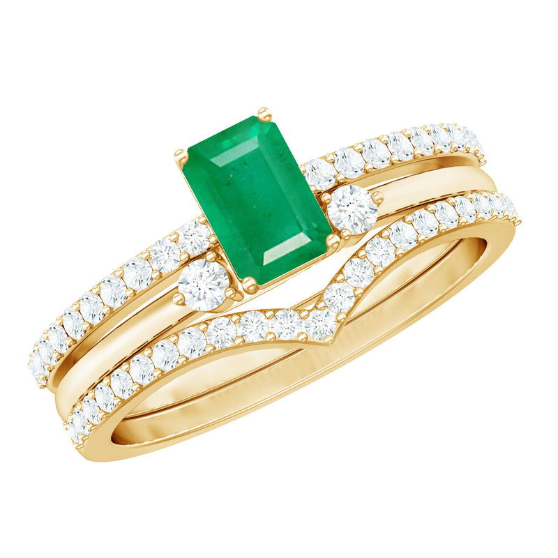 Natural Emerald Cut Emerald Diamond 3 Piece Bridal Ring Set