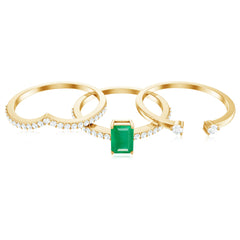 Natural Emerald Cut Emerald Diamond 3 Piece Bridal Ring Set