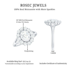 Oval Cut Moissanite Halo Engagement Ring with Split Shank