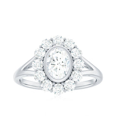 Oval Cut Moissanite Halo Engagement Ring with Split Shank