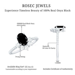 6X8mm Oval Cut Black Onyx Designer Engagement Ring with Diamond Half Halo