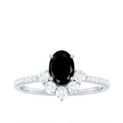 6X8mm Oval Cut Black Onyx Designer Engagement Ring with Diamond Half Halo