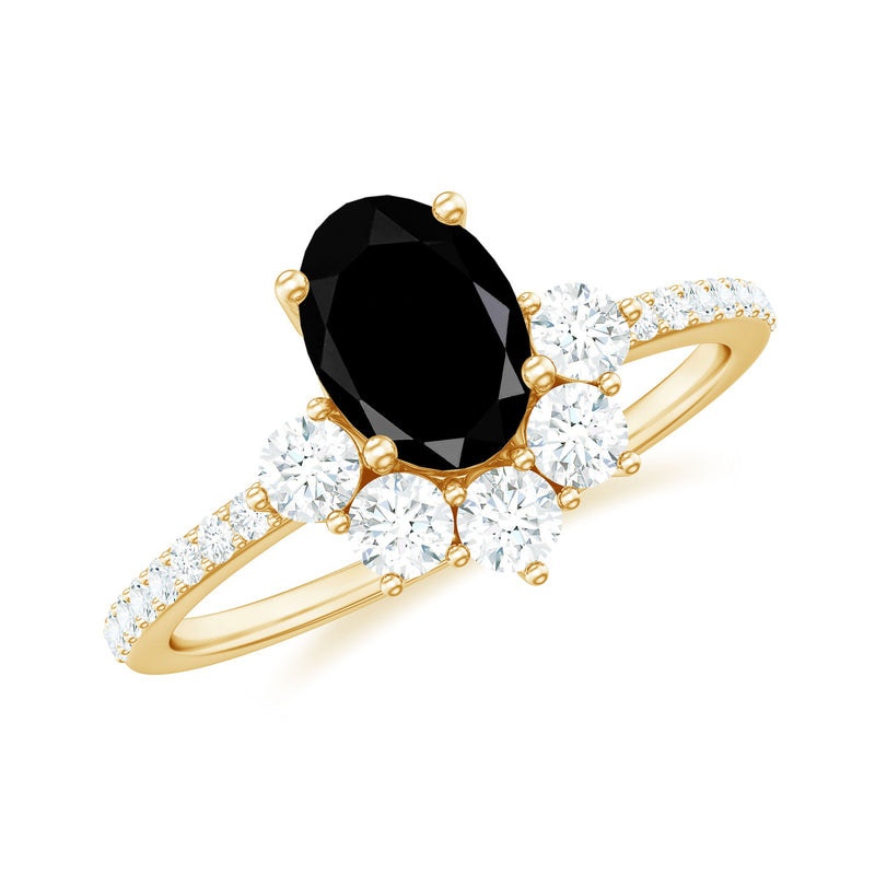 6X8mm Oval Cut Black Onyx Designer Engagement Ring with Diamond Half Halo