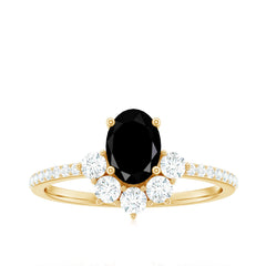 6X8mm Oval Cut Black Onyx Designer Engagement Ring with Diamond Half Halo