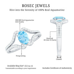 Designer Aquamarine Diamond Oval Engagement Ring with Split Shank