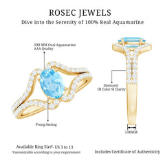 Designer Aquamarine Diamond Oval Engagement Ring with Split Shank