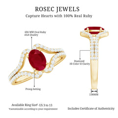 Oval Ruby Minimal Split Shank Ring with Diamond