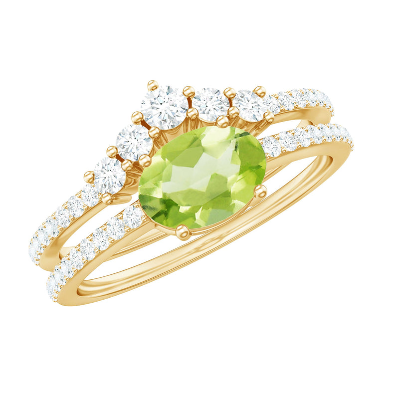 Natural 1 Carat Peridot Oval Wedding Engagement Ring Set with Diamond