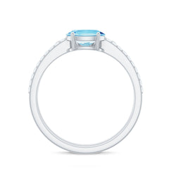 Real Oval Aquamarine Diamond East West Engagement Ring and Wedding Band Set