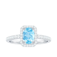 Certified Real Aquamarine Oval Engagement Ring with Diamond Halo