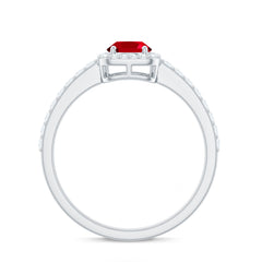 Oval Cut Lab Created Ruby and Diamond Halo Engagement Ring