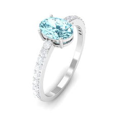 Genuine 6X8mm Solitaire Aquamarine Oval Engagement Ring with Diamond