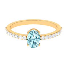 Genuine 6X8mm Solitaire Aquamarine Oval Engagement Ring with Diamond
