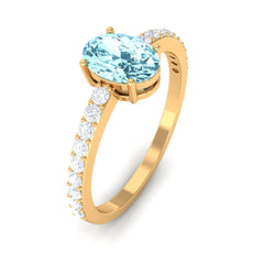 Genuine 6X8mm Solitaire Aquamarine Oval Engagement Ring with Diamond