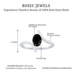 Certified Oval Cut Black Onyx Bypass Engagement Ring with Diamond