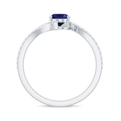 5X7 mm Oval Cut Lab Created Blue Sapphire Bypass Solitaire Ring with Diamond