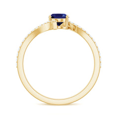 5X7 mm Oval Cut Lab Created Blue Sapphire Bypass Solitaire Ring with Diamond