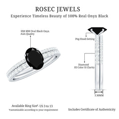 6X8mm Oval Cut Black Onyx Solitaire Rings Set with Diamond Wedding Band