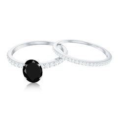 6X8mm Oval Cut Black Onyx Solitaire Rings Set with Diamond Wedding Band