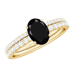 6X8mm Oval Cut Black Onyx Solitaire Rings Set with Diamond Wedding Band
