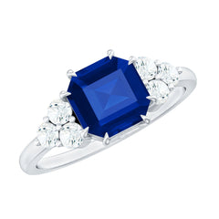 Certified 4.8 Carat Asscher Cut Lab Grown Blue Sapphire Engagement Ring with Diamond Trio