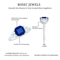 Certified 4.8 Carat Asscher Cut Lab Grown Blue Sapphire Engagement Ring with Diamond Trio