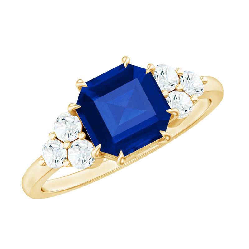 Certified 4.8 Carat Asscher Cut Lab Grown Blue Sapphire Engagement Ring with Diamond Trio